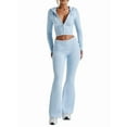 thumbnail image 1 of Womens Two Piece Knit Outfits Sweater Set Long Sleeve Zip Up Cropped Hoodie Top and Bootcut Pants Set Light Blue S, 1 of 5