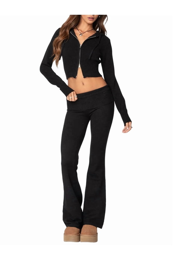Womens Two Piece Knit Outfits Sweater Set Long Sleeve Zip Up Cropped Hoodie Top and Bootcut Pants Set Loungewear Black S