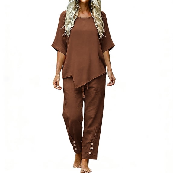 Womens Two Piece Linen Outfits S-3XL Short Sleeve Asymmetrical Tops Buttons Decor Drawstring Long Pants Sets (3XL, Coffee)