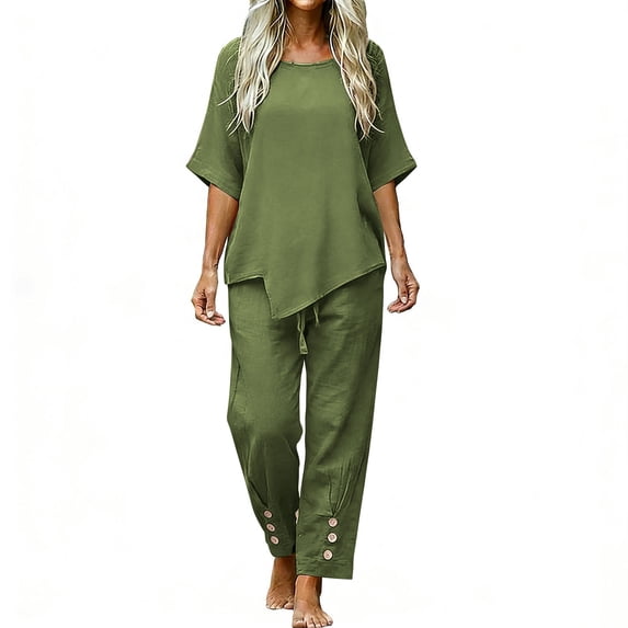Womens Two Piece Linen Outfits S-3XL Short Sleeve Asymmetrical Tops Buttons Decor Drawstring Long Pants Sets (S, Green)