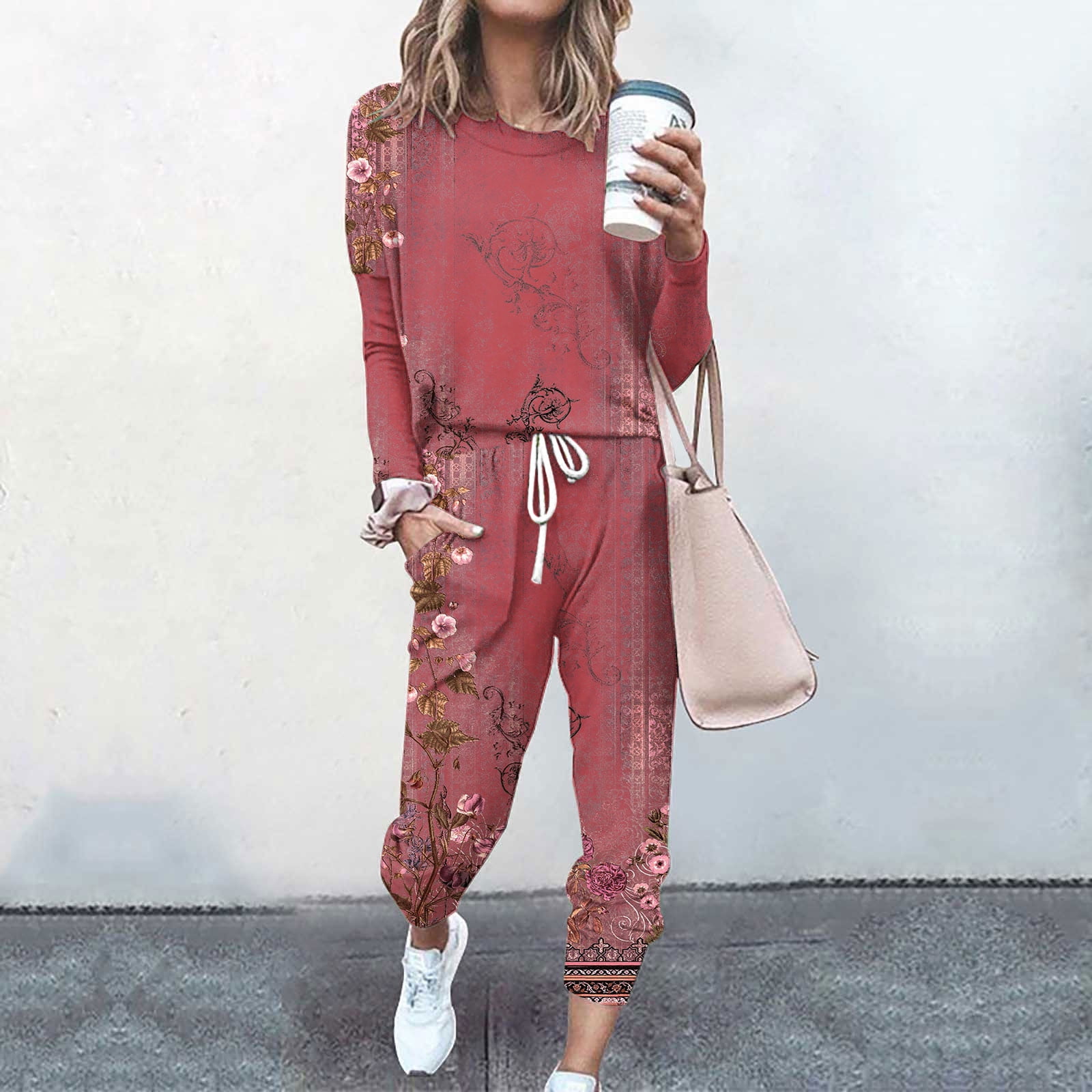 Casual Simple Two-piece Set, Lips Print Long Sleeve Tops & Solid Drawstring  Jogger Pants Outfits, Women's Clothing