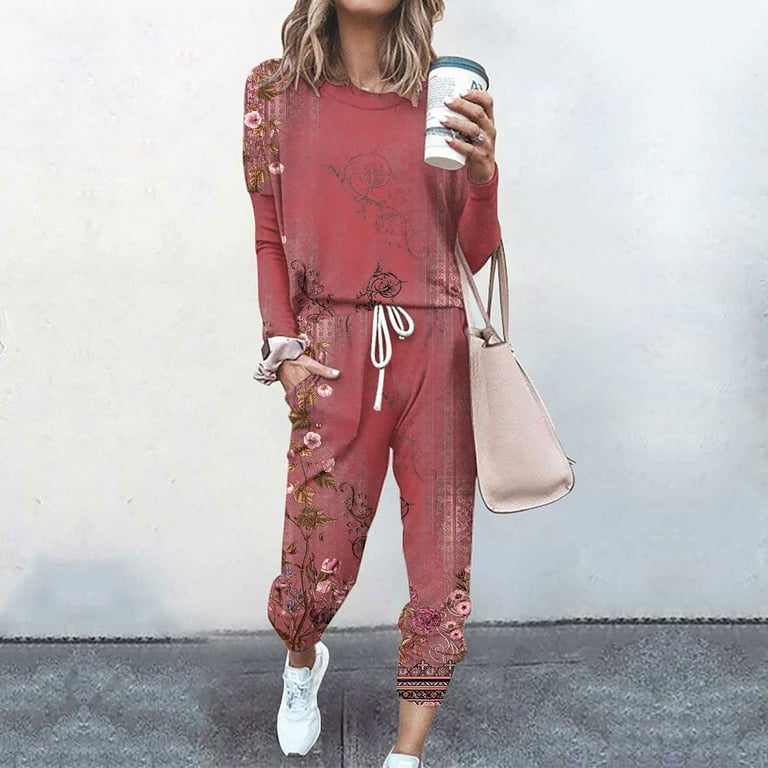 Womens Casual 2 Piece Outfit Solid Color Long Pant Set Sweatsuits  Tracksuits,Two Piece Sweatsuit for Women 2023 Long Sleeve Crewneck Pullover  Tops and