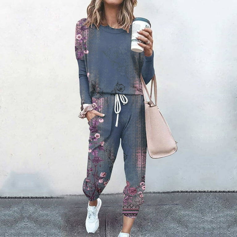 Womens Two Piece Long Sleeve Outfits Floral,Sweatsuits for Women Set 2  Piece Boho Flower Printed Crewneck Pullover Tops and Drawstring Jogger  Pants