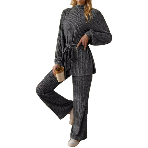 Womens Two Piece Lounge Outfits Turtleneck Sweater and Wide Leg Pants Sets Fashion Long Sleeve Knit Loungewear (Dark Gray L)
