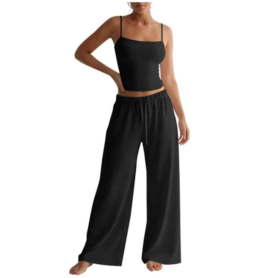 Womens Two Piece Lounge Set Spaghetti Strap Crop Camisole Wide Leg Pants Summer Matching Outfits Black, XL