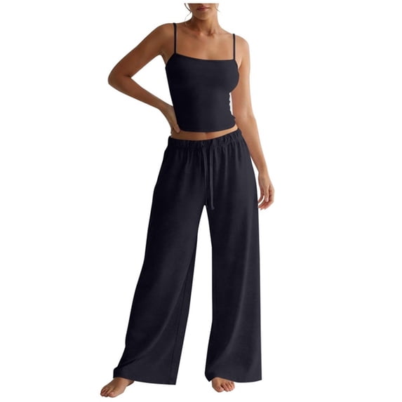 Womens Two Piece Lounge Set Spaghetti Strap Crop Camisole Wide Leg Pants Summer Matching Outfits Blue, XL