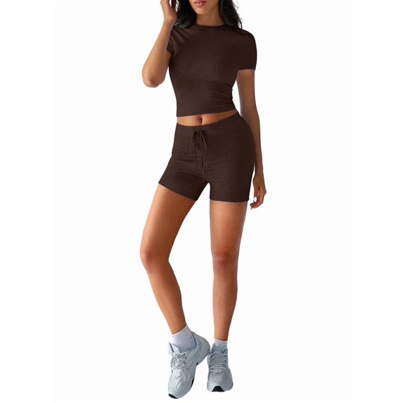 Womens Two Piece Lounge Sets Casual Summer Outfits 2 Piece Short Matching Clothing Set Brown S