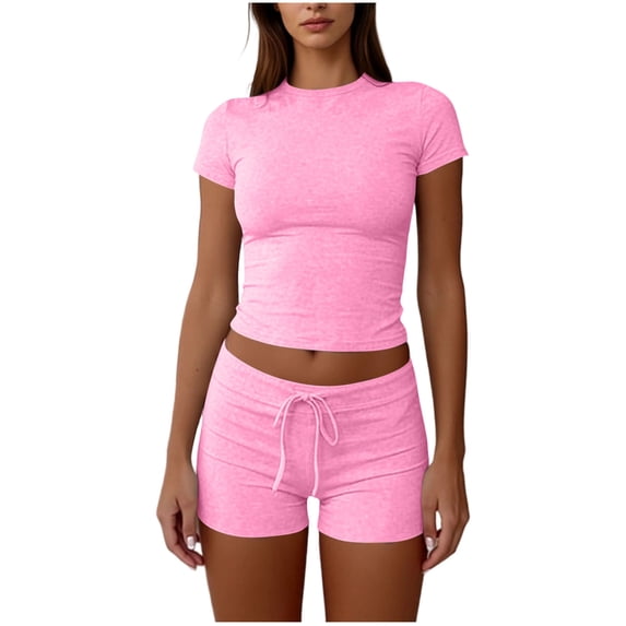 Womens Two Piece Lounge Sets Casual Summer Outfits 2 Piece Short Matching Clothing Set Pink S(S)