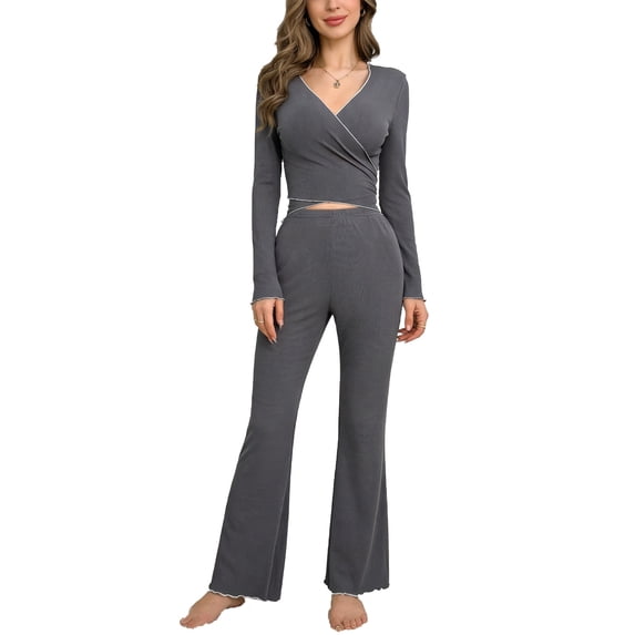 Womens Two Piece Lounge Sets Casual Summer Outfits V-neck Casual Short Sleeved Long Pants Home Wear Pajamas Two-piece Set