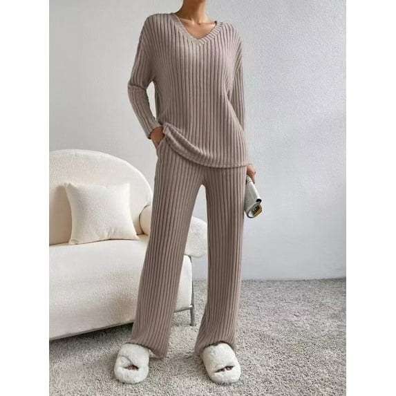 Womens Two Piece Lounge Sets Long Sleeve Knit Pullover Tops Wide Leg Pants Fall Pajamas Sets