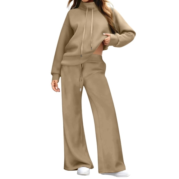 Womens Two Piece Lounge Sets Mock Turtleneck Tops Wide Leg Drawstring Pants Sweatsuit with Pockets Khaki XL