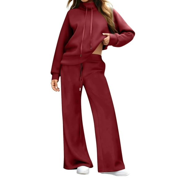 Womens Two Piece Lounge Sets Mock Turtleneck Tops Wide Leg Drawstring Pants Sweatsuit with Pockets Wine M