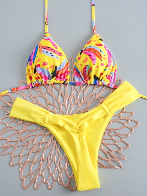 Womens Two Piece Mix Print Swimsuit Bikini Set Triangle Halter Top Twist Front Side Tie High Cut Thong Bottom Summer Beach Bathing Suit Tropical Leaf Fruit Solid Multi Color S M L Swimwear 