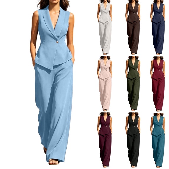 Womens Two Piece Outfit Sleeveless V Neck Blazer Vest High Waist Wide Leg Pants with Pockets Solid Color Suit Set Light Blue XL(XL)