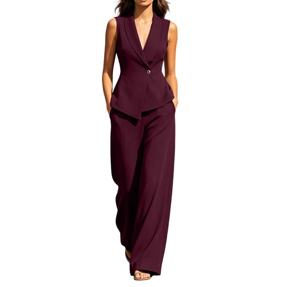 Womens Two Piece Outfit Sleeveless V Neck Blazer Vest High Waist Wide Leg Pants with Pockets Solid Color Suit Set Wine XXL(XXL)