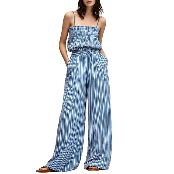 Womens Two Piece Outfit Spaghetti Strap Tube Top High Waist Belted Wide Leg Pants with Pockets Solid Color Vacation Set Sky Blue XL(XL)