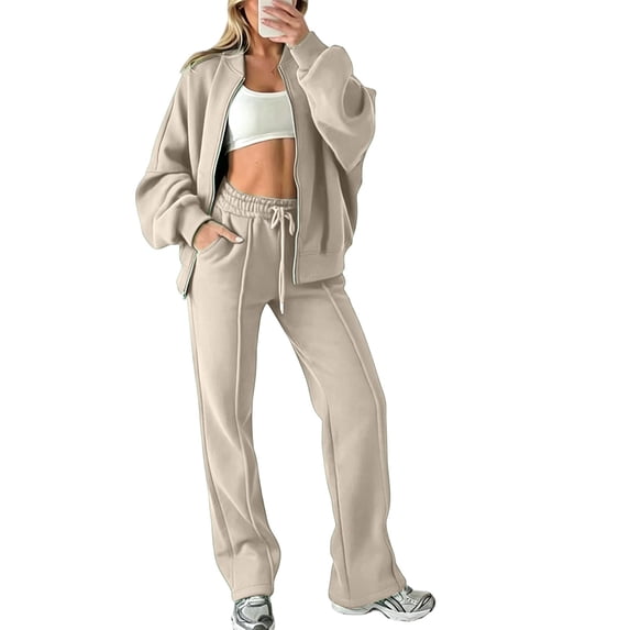 Womens Two Piece Outfit Zip up Hooded Sweatshirt Jacket High Waist Drawstring Wide Leg Pants with Pockets Casual Tracksuit Beige XXXXL(XXXXL)