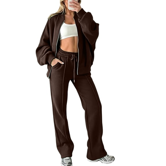 Womens Two Piece Outfit Zip up Hooded Sweatshirt Jacket High Waist Drawstring Wide Leg Pants with Pockets Casual Tracksuit Brown XL(XL)