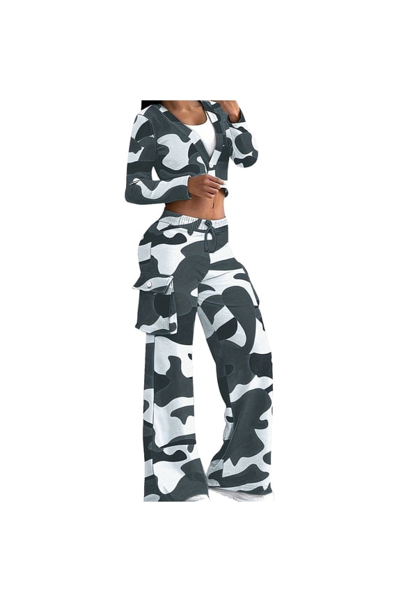 Womens Two Piece Outfits Camo Long Sleeve V-Neck Crop Top and Wide Leg Cargo Pants Sets Fashion Streetwear Loungewear (Gray S)