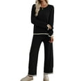 thumbnail image 1 of Womens Two Piece Outfits Casual Long Sleeve Knit Sweater Tops Matching Wide Leg Pants Tracksuit Lounge Sets Black S, 1 of 7