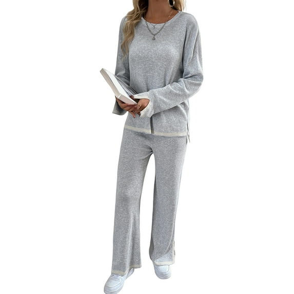 Womens Two Piece Outfits Casual Long Sleeve Knit Sweater Tops Matching Wide Leg Pants Tracksuit Lounge Sets Grey XL