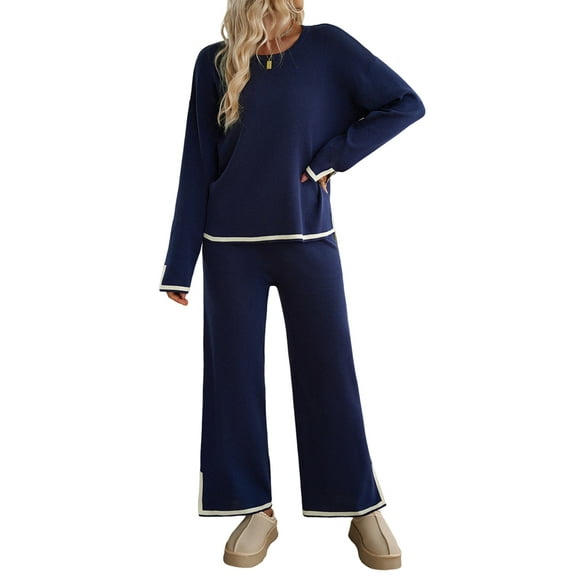 Womens Two Piece Outfits Casual Long Sleeve Knit Sweater Tops Matching Wide Leg Pants Tracksuit Lounge Sets Navy Blue S