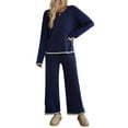 thumbnail image 1 of Womens Two Piece Outfits Casual Long Sleeve Knit Sweater Tops Matching Wide Leg Pants Tracksuit Lounge Sets Navy Blue XL, 1 of 5