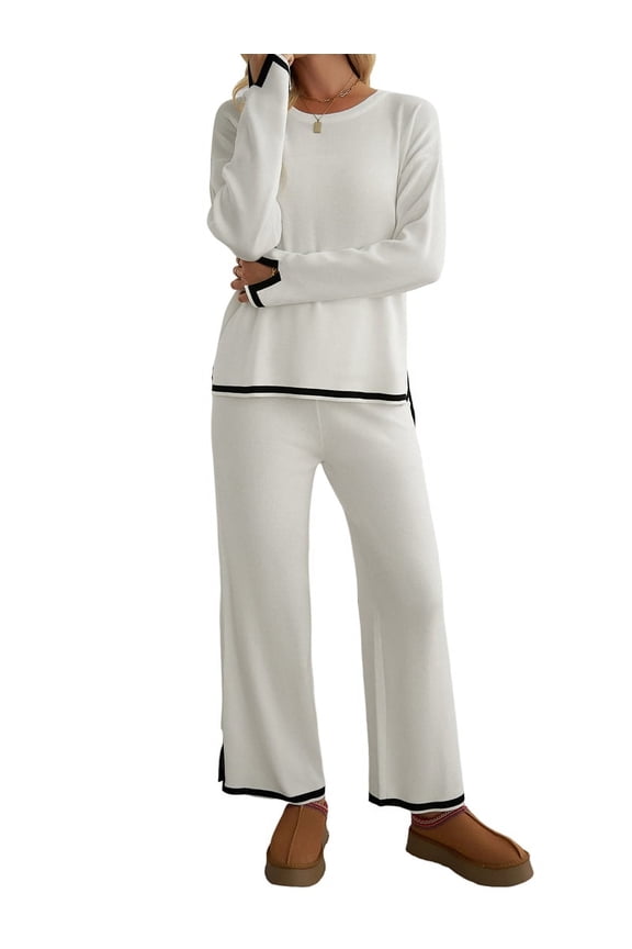 Womens Two Piece Outfits Casual Long Sleeve Knit Sweater Tops Matching Wide Leg Pants Tracksuit Lounge Sets White S