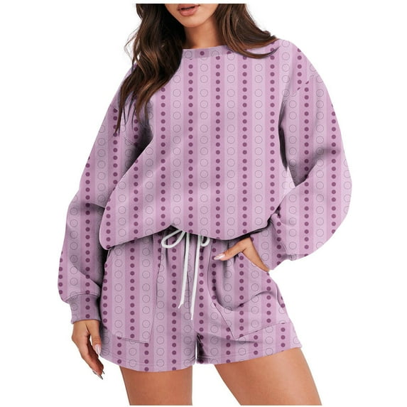 Womens Two Piece Outfits Cotton Oversized Crewneck Sweatshirt Drawstring Sweat Shorts Sets with Pockets Tracksuits (L, Purple 01)
