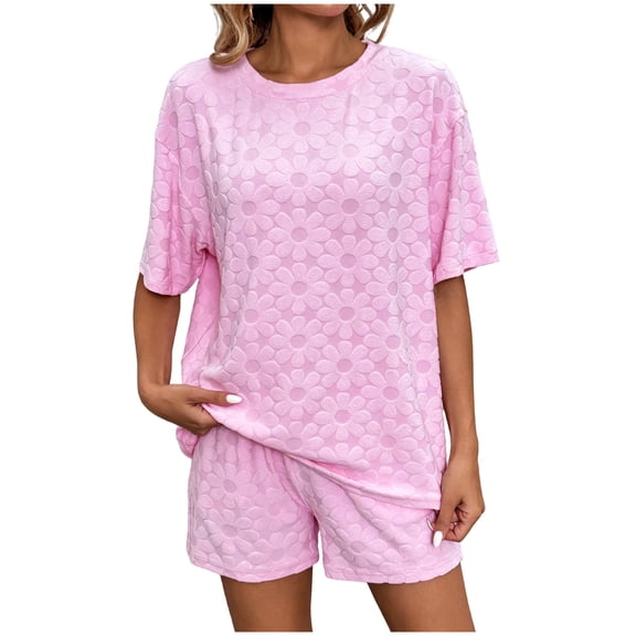 Womens Two Piece Outfits Dressy Jacquard Shorts Set Loose Crewneck Pullover Top Going Out Matching Sets
