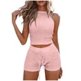 thumbnail image 1 of Womens Two Piece Outfits Eyelets Shorts Set Sleeveless Crewneck Crop Tank Top Going Out Matching Sets, 1 of 6
