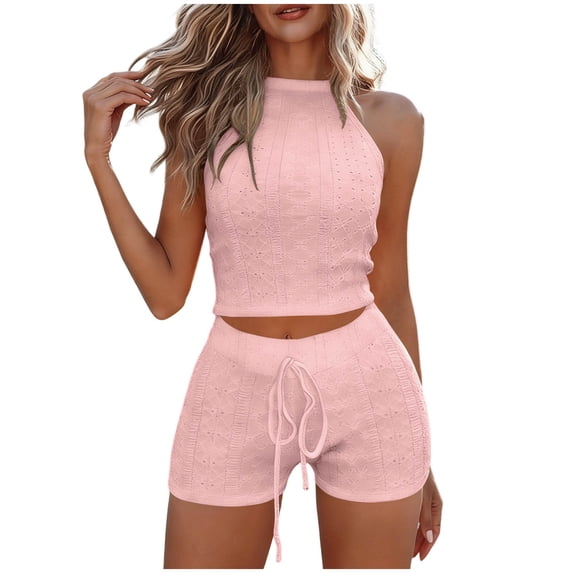 Womens Two Piece Outfits Eyelets Shorts Set Sleeveless Crewneck Crop Tank Top Going Out Matching Sets