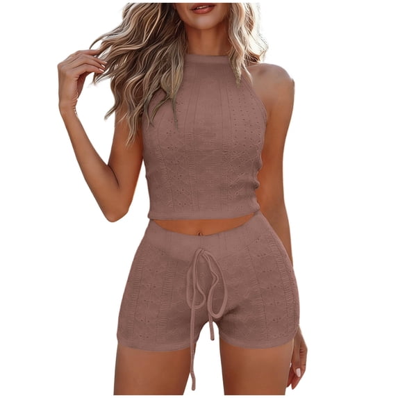 Womens Two Piece Outfits Eyelets Shorts Set Sleeveless Crewneck Crop Tank Top Going Out Matching Sets