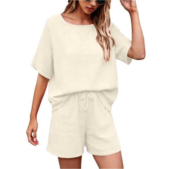 Womens Two Piece Outfits Linen Shorts Set Versatile Loose Crewneck Pullover Top Going Out Lounge Matching Sets