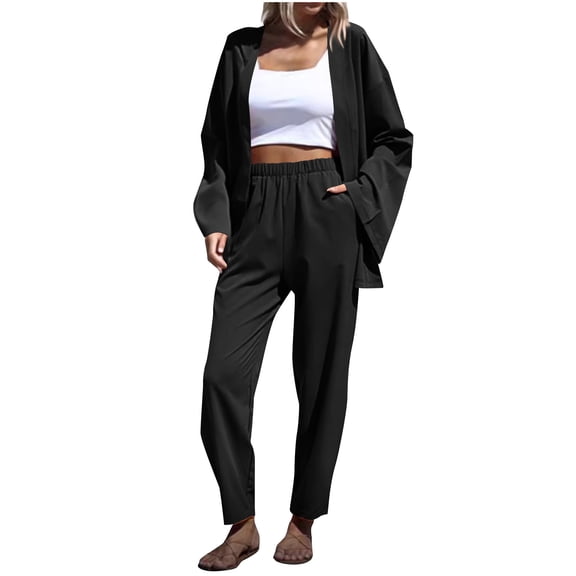 Womens Two Piece Outfits, Long Sleeve Cardigan and Pant Sets for Women with Pockets Loose Travel Casual Clothes (2XL, Black)