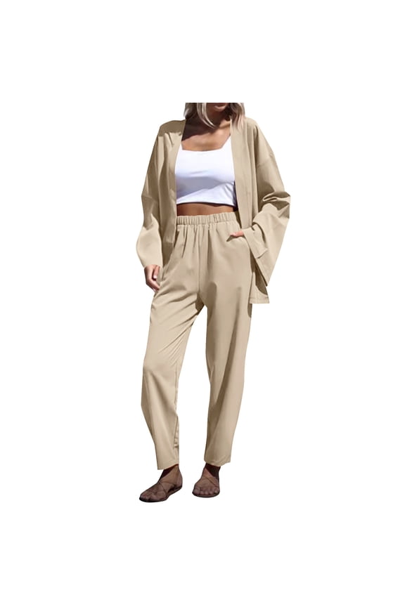Womens Two Piece Outfits, Long Sleeve Cardigan and Pant Sets for Women with Pockets Loose Travel Casual Clothes (L, Beige)