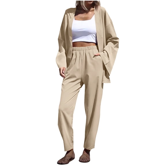 Womens Two Piece Outfits, Long Sleeve Cardigan and Pant Sets for Women with Pockets Loose Travel Casual Clothes (M, Beige)