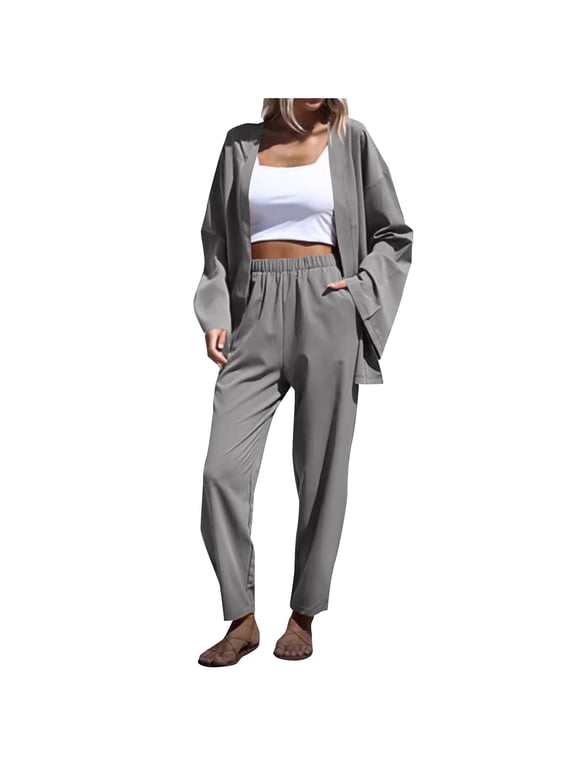 Womens Two Piece Outfits, Long Sleeve Cardigan and Pant Sets for Women with Pockets Loose Travel Casual Clothes (M, Gray)