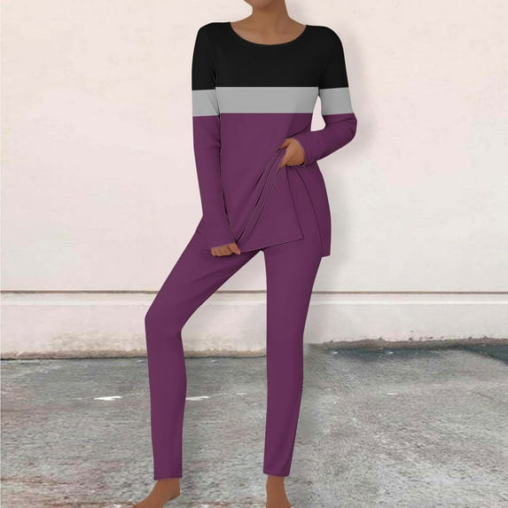 Womens Two Piece Outfits Long Sleeve Color Block Tops Long Pants With Drawstring Tracksuit Jogger Sets