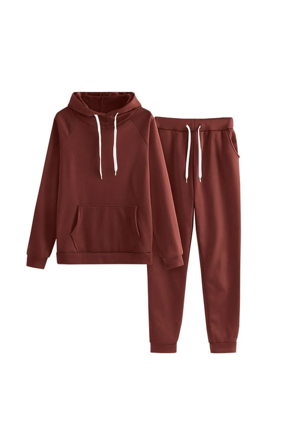 Womens Two Piece Outfits Pullover Hooded Sweatshirt Pant Sets Solid Color Loungewear Fall Fashion Sports Tracksuit (Wine XL)