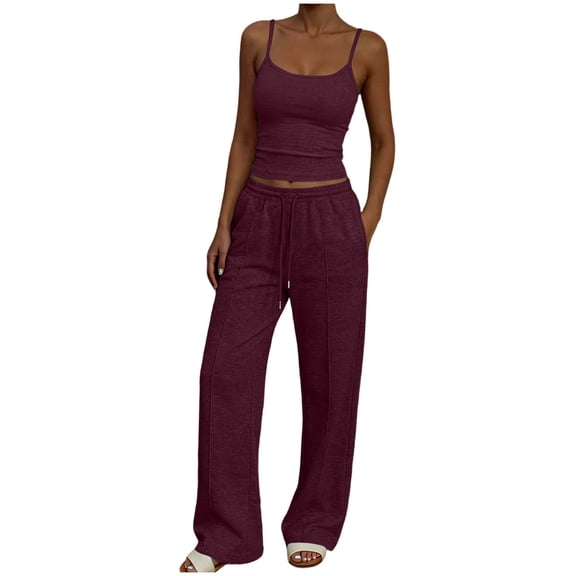 Womens Two Piece Outfits Ribbed Knit Workout Sets Spaghetti Strap Sexy Going Out Tracksuit Matching Sets