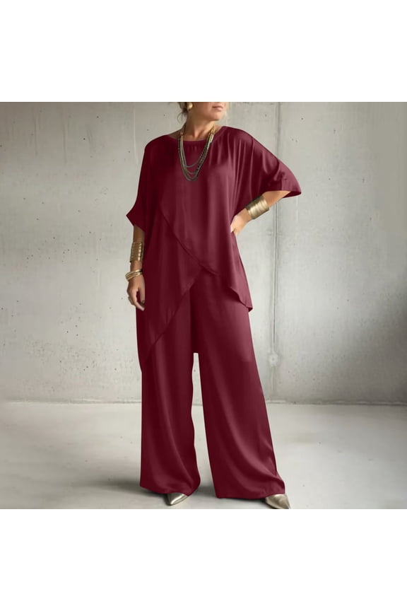 Womens Two Piece Outfits Satin Two Piece Outfits for Womens Elegant Flowy 3/4 Sleeve Blouse Top Wide Leg Pants Wedding Guest Event Wear Wine L