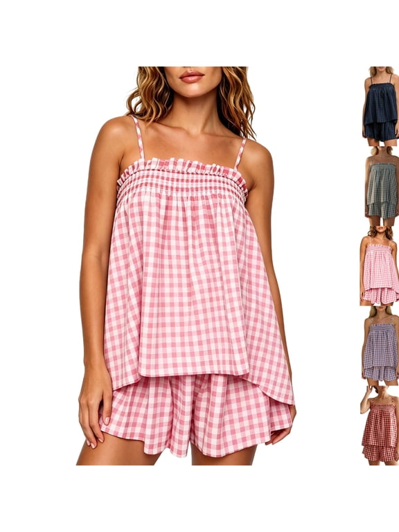 Womens Two Piece Outfits Set Ginham Textured Tank Top Wide Leg Shorts Summer Matching Sets Pink S