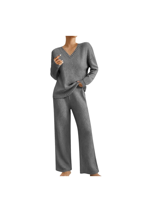 Womens Two Piece Outfits Sets Casual V Neck Warm Home Clothes Long Sleeve Top and Pant Lounge Sets with Pockets