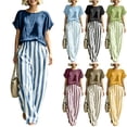 thumbnail image 1 of Womens Two Piece Outfits Short Sleeve Tops Long Stripe Pocket Elastic Waist Long Pants Lounge Sets, 1 of 6