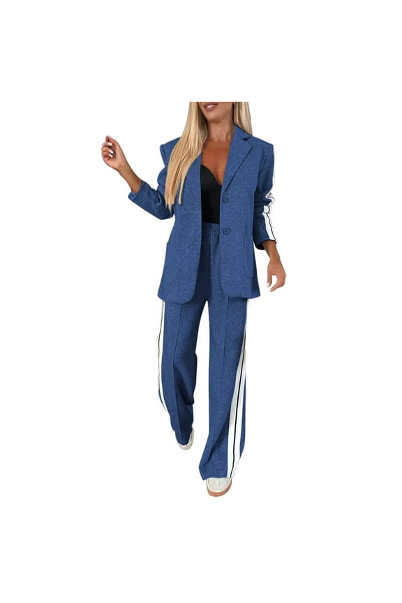 Womens Two Piece Outfits Striped Side Button Blazer and Pants with Pockets Sets Business Casual Pant Suits Set (M, Blue)