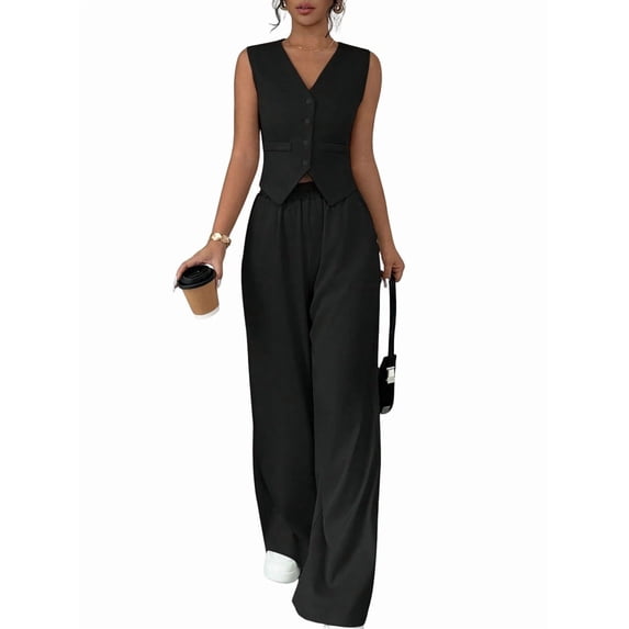 Womens Two Piece Outfits Summer Fashion Button V Neck Crop Vest Blazer and Wide Leg Pants Suit Matching Black L