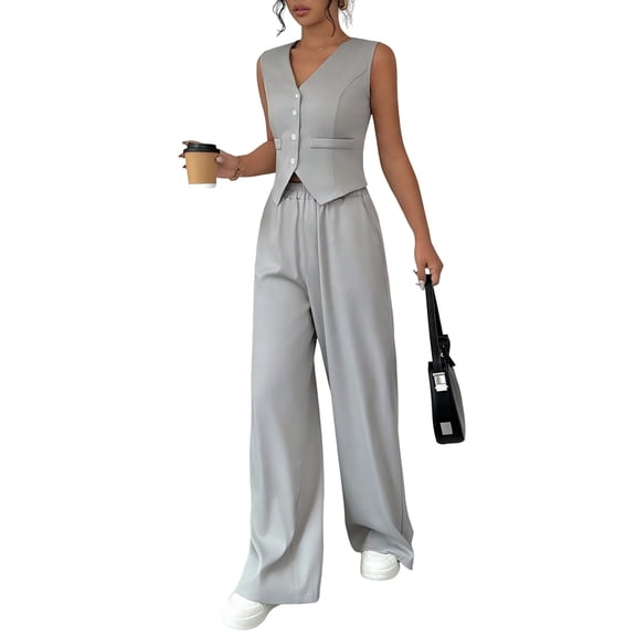 Womens Two Piece Outfits Summer Fashion Button V Neck Crop Vest Blazer and Wide Leg Pants Suit Matching Gray M