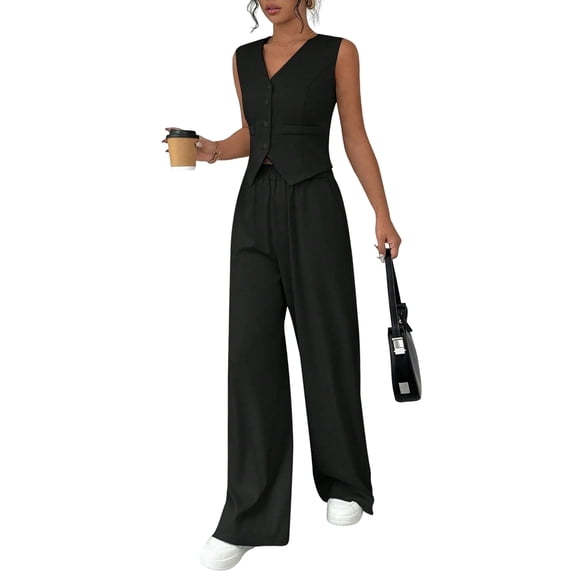 Womens Two Piece Outfits Summer Fashion Button V Neck Crop Vest Blazer and Wide Leg Pants Suit Matching