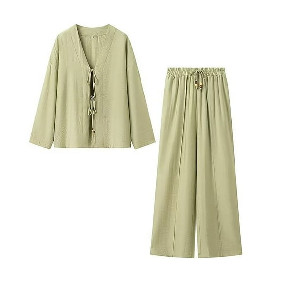 Womens Two Piece Outfits Summer Open Front Tie Up V Neck Long Sleeve and Shirt Wide Pants Sets Casual Solid Color Loungewear (Green L)
